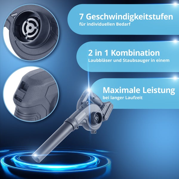 Akkubetriebener Laubbläser mit sieben Geschwindigkeitsstufen, zwei-in-eins-Kombination mit maximaler Leistung