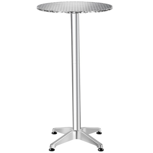 Stehtisch aus Aluminium mit runder Tischplatte in Schleifoptik und vierfußigem Gestell.