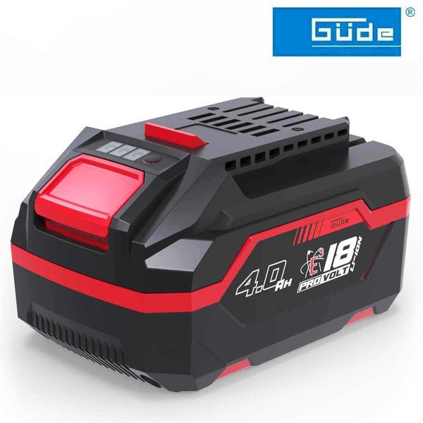 Güde 18 Volt 4,0 Ampere-Stunden Pro Volt Lithium-Ionen-Akku mit Ladezustandsanzeige und Güde Logo.