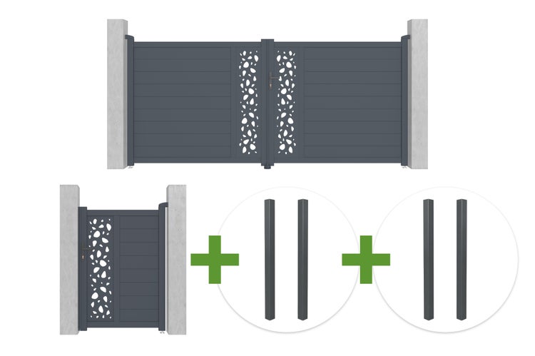 Set aus zweiflügeligem Einfahrtstor, Gartentür und vier Pfosten aus Aluminium in Anthrazit mit horizontalen Paneelen und dekorativem Lochmuster.