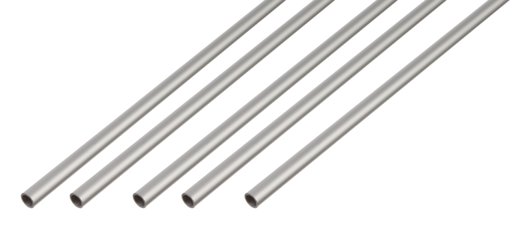 Fünf runde Metallrohre aus Aluminium zur Verwendung im Heimwerkerbereich