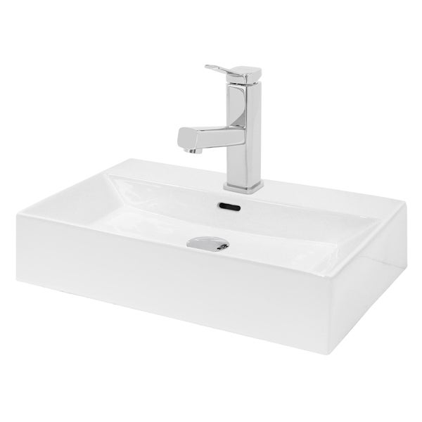 ECD Germany Waschbecken Waschtisch 605x365x130mm Keramik Eckig Weiß + Wasserhahn ausziehbare Brause Standard Chrom + Ablaufgarnitur Pop-Up Ventil Chrom, Aufsatzwaschbecken Aufsatzwaschtisch Waschplatz