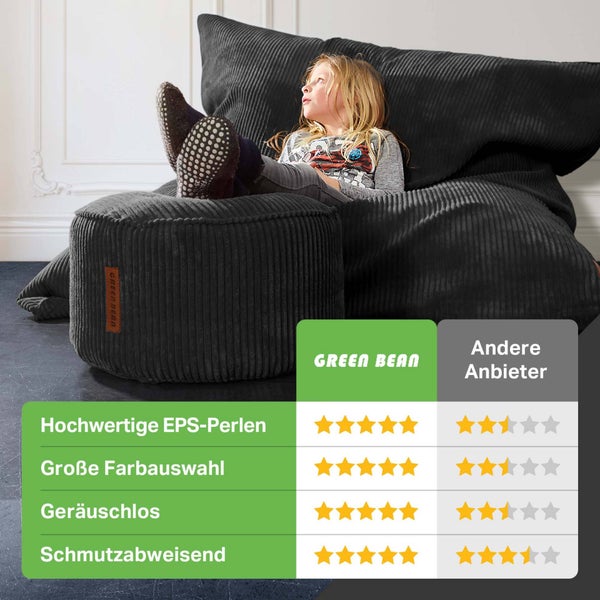 Green Bean Sitzsack + Pouf im Set - XXL Riesensitzsack mit passenden Fußhocker | EPS Füllung Bean Bag Bodenkissen Liegekissen Sitzkissen Indoor Drinnen Waschbar Schwarz