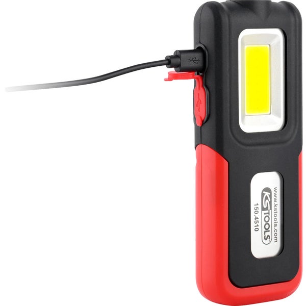 KS TOOLS LED-Arbeitsleuchte mit USB-Ladekabel und COB-LED in Rot und Schwarz.