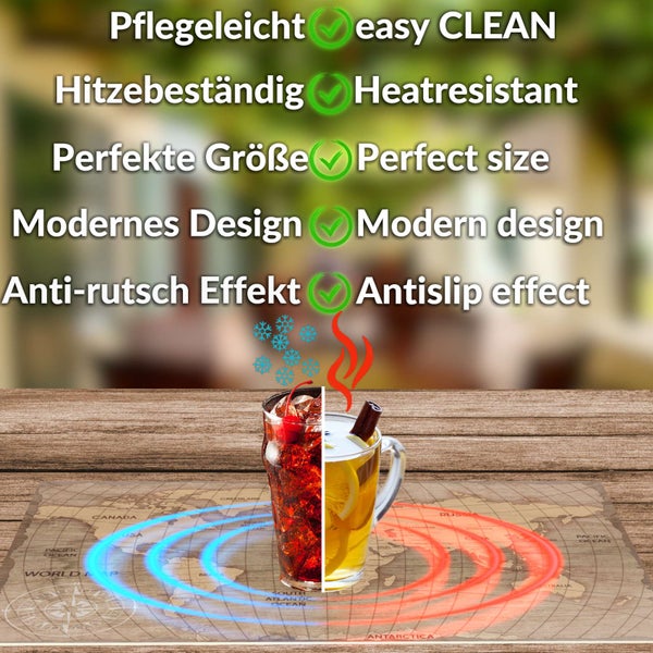 Platzset mit Weltkarten-Motiv, pflegeleicht, hitzebeständig, modern, rutschfest, für heiße und kalte Getränke geeignet.