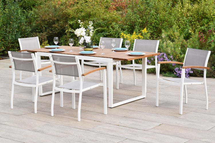 Naxos Gartenmöbelset 7tlg., 6 Stapelsessel, Ausziehtisch 150 (200) x 90 cm, weiß