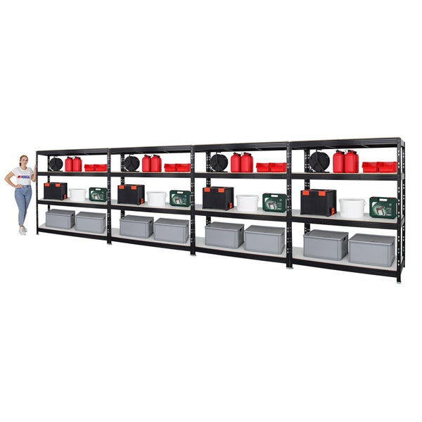 PROREGAL Mega Deal 4x Profi Schwerlastregal Rhino HxBxT 180 x 160 x 60 cm 4 Melamin-Ebenen 16mm Fachlast 500 kg Schwarz