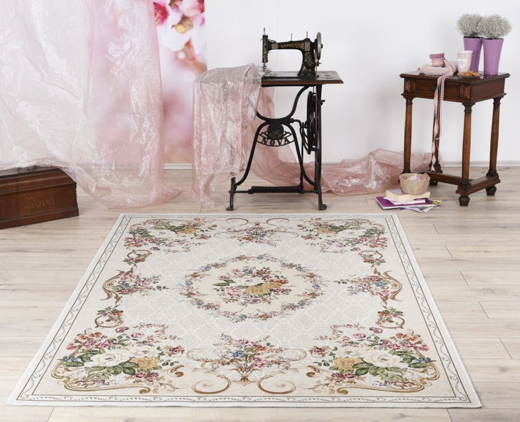 Gewebter Bordürenteppich im floralen Design Flomi Beige 120x180 cm