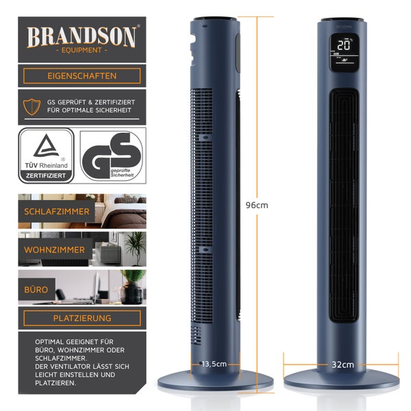 Brandson - Turmventilator mit Fernbedienung - Oszillation 60° - Standventilator - mobiler Lüfter - Tower Fan - 96 cm - 45W - Ventilator