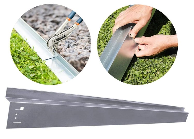 Abbildung einer Rasenkante aus Metall, die mit einer Zange bearbeitet und mit Haken befestigt wird