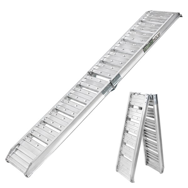 Klappbare Auffahrrampe aus Aluminium von Trutzholm mit rutschfester Oberfläche, ausgefaltet und zusammengeklappt dargestellt.