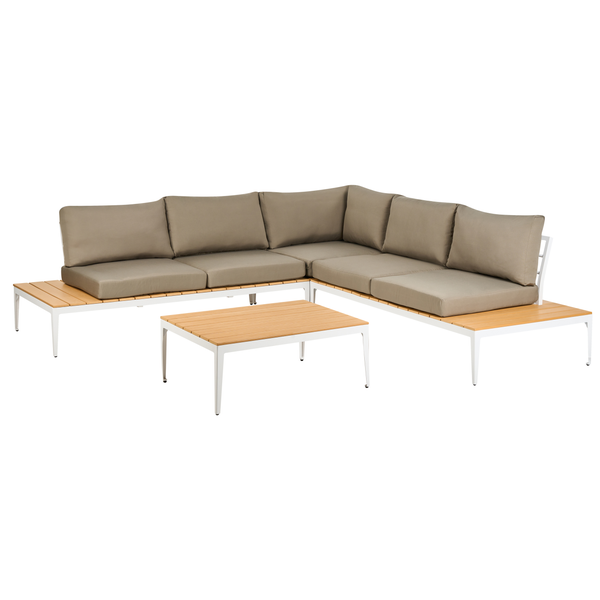 Loungegruppe für den Garten bestehend aus einer Eckbank mit Polstern und einem Couchtisch mit Metallgestell und Holzoptik