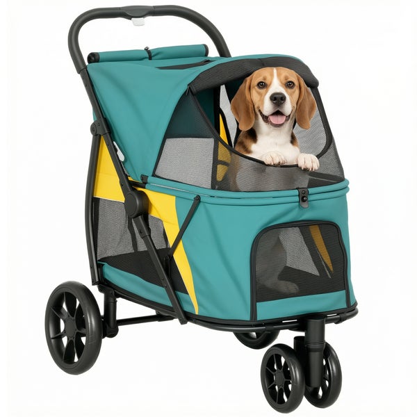 Türkis-gelber Hundebuggy mit Mesheinsätzen und einem Beagle im Inneren.