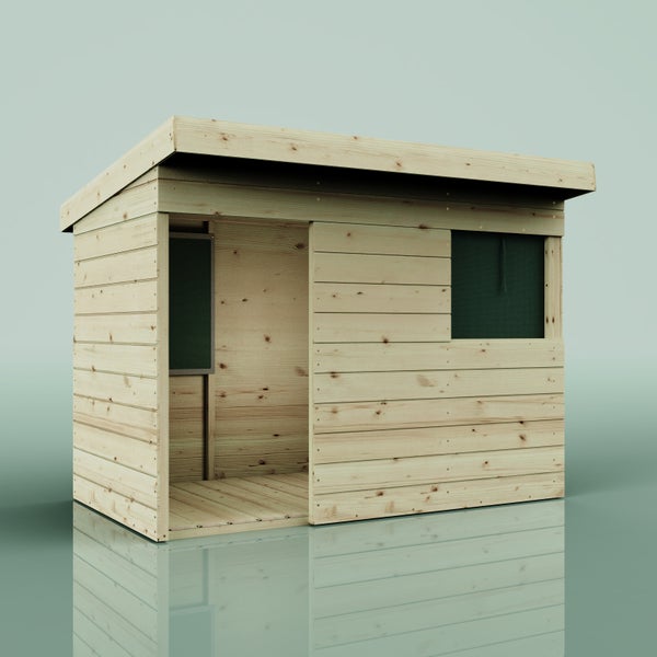 Gartenhaus aus Holz mit Pultdach, einer Türöffnung und einem kleinen Fenster.