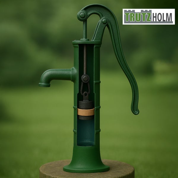 TrutzHolm Logo. Gartenpumpe mit angeschnittenem Gehäuse zur Darstellung der Funktionsweise.