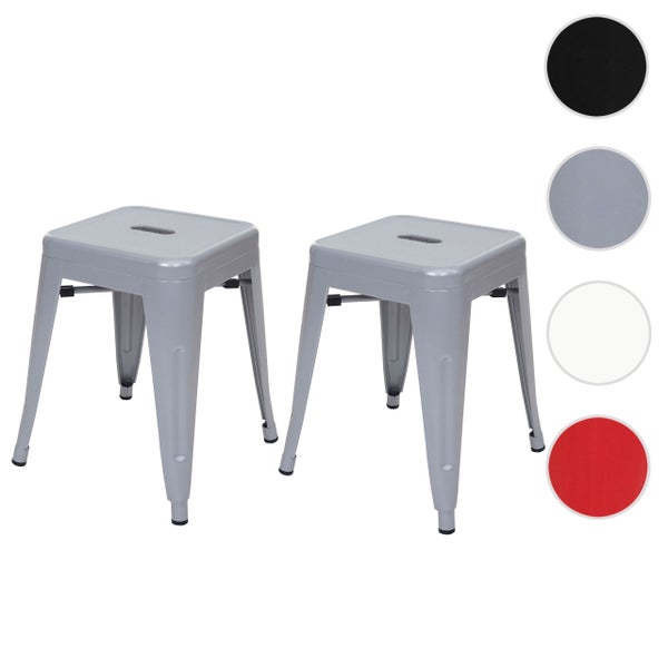 Zwei graue Barhocker aus Metall mit quadratischer Sitzfläche