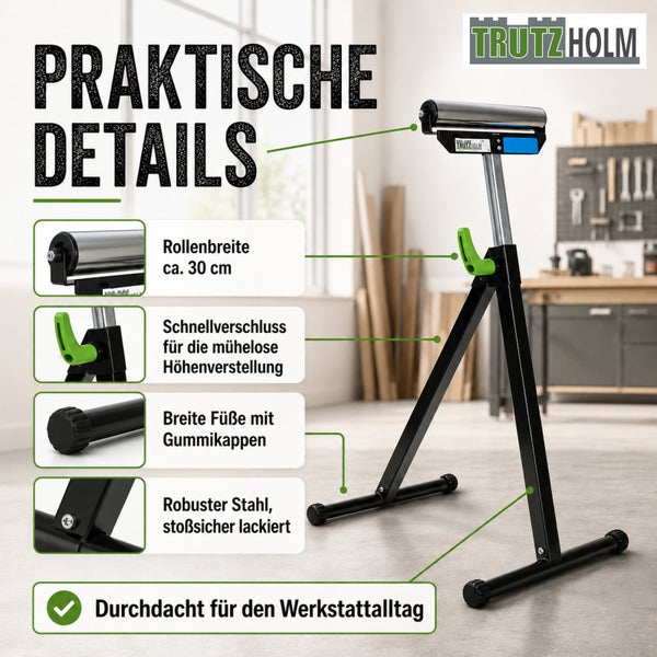Trutzholm Rollenbock aus Stahl mit circa 30 Zentimeter breiter Rolle, Schnellverschluss zur Höhenverstellung und breiten Füßen mit Gummikappen.