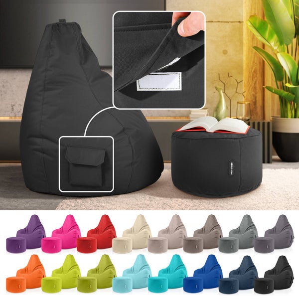 Green Bean 2er Set Sitzsack + Hocker - fertig befüllt - robust waschbar schmutzabweisend - Kinder & Erwachsene Bean Bag Bodenkissen Lounge Sitzhocker Relax-Sessel Gamer Gamingstuhl Pouf - Schwarz