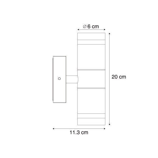 Maßzeichnung einer zylindrischen Außenwandleuchte: Höhe 20 Zentimeter, Durchmesser 6 Zentimeter und Tiefe 11,3 Zentimeter.