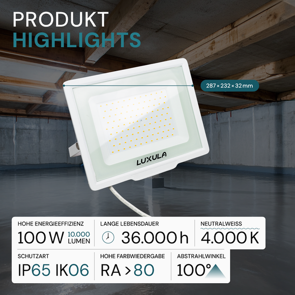 Luxula LED-Flutlichtstrahler mit den Maßen 287 x 232 x 32 Millimeter, 100 Watt Leistung, 10000 Lumen, 36000 Stunden Lebensdauer, 4000 Kelvin, Schutzart IP65 IK06, Farbwiedergabe Ra größer 80 und 100 Grad Abstrahlwinkel