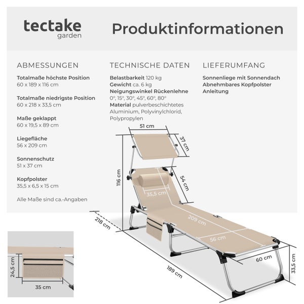 Sonnenliege tectake Aurelie 218 x 60 x 33,5 cm, inkl. Seitentasche  klappbar, mit Kopfkissen beige