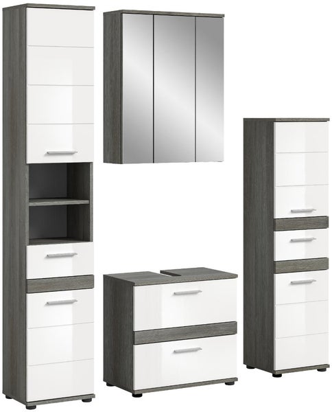 Badezimmermöbel-Set vierteilig mit Hochschrank, Spiegelschrank, Waschbeckenunterschrank und Midischrank in Grau mit weißen Hochglanzfronten.