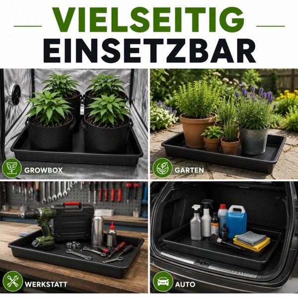 Vielseitige Kunststoffwanne im Einsatz in einer Growbox, im Garten, in der Werkstatt mit Werkzeug und im Kofferraum eines Autos.