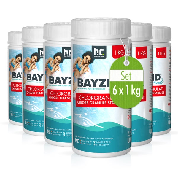 Sechs Behälter Bayzid Chlorgranulat mit je einem Kilogramm Inhalt