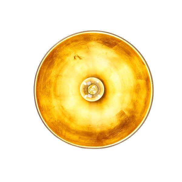 Ansicht einer runden Deckenleuchte mit goldenem Schirm und Glühbirne