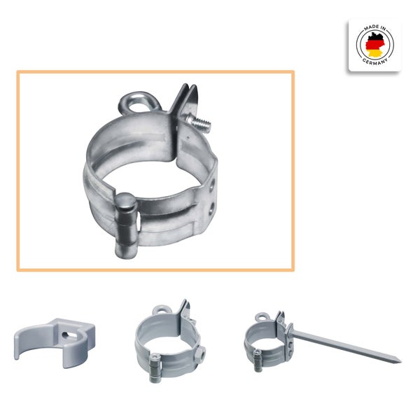Rohrschelle aus verzinktem Metall mit Befestigungsschraube und Öse, Ansichten mit Montageoptionen wie Einschlagstift, hergestellt in Deutschland.