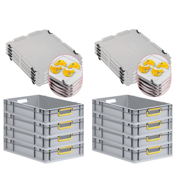 PROREGAL Spar Set 8x Eurobox Nextgen Color Mit Auflagedeckel & Schiebeschnappverschlüsse HxBxT 12 x 40 x 60 cm Griffe Gelb Offen Glatter Boden