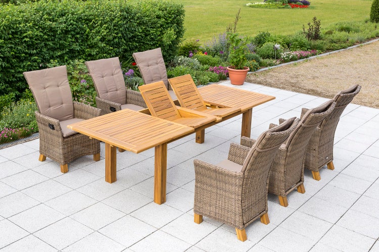 Toskana Gartenmöbelset 7tlg., Hochlehner durch Gasdruck verstellbar, inkl. Auflagen, Doppelausziehtisch 180 (220/260) x 100 cm