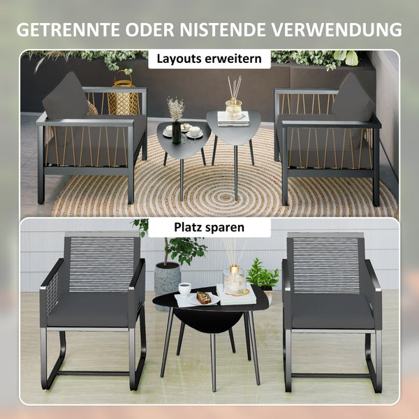 Outsunny Couchtisch 2er Set, Wetterfest Balkontisch aus Stahl, Beistelltisch im Geometrischem Design, Kaffeetisch Outdoor, Gartentisch Terrassentisch für Garten Terrasse Balkon Schwarz
