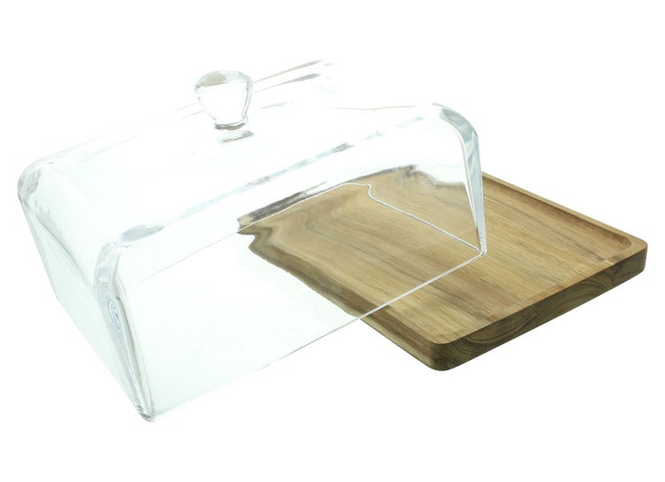 FRANK FLECHTWAREN | Käseglocke Square, GLAS, HOLZ, 27 x 20 x 14,5 cm