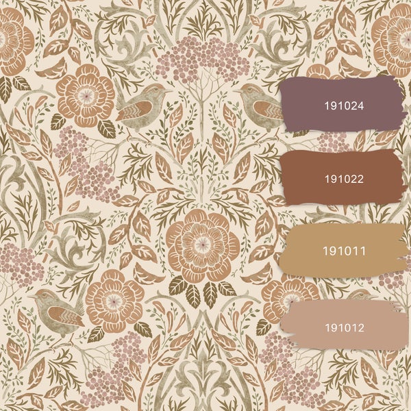 Tapete mit Blumen-, Vogel- und Blättermuster und Farbbeispielen