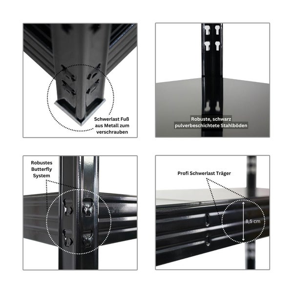 PROREGAL Profi Schwerlastregal Rhino HxBxT 180x200x60cm 4 Stahlplatten-Ebenen Fachlast 500kg Schwarz Stecksystem Lagerregal Regalsystem