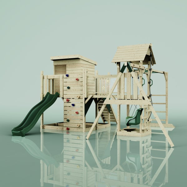 Holzspielplatz mit Rutsche, Schaukel und Kletterwand