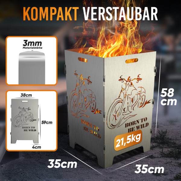 Kompakt verstaubare Feuertonne mit Motorradmotiv und den Maßen 35 mal 35 mal 58 Zentimeter.