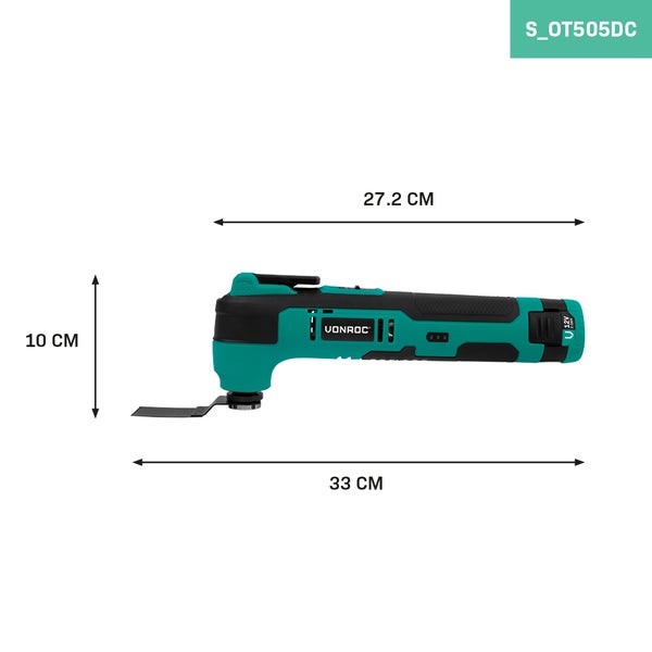 Vonroc Akku-Multitool mit Maßangaben: Gesamtlänge 33 Zentimeter, Körperlänge 27,2 Zentimeter und Höhe 10 Zentimeter.