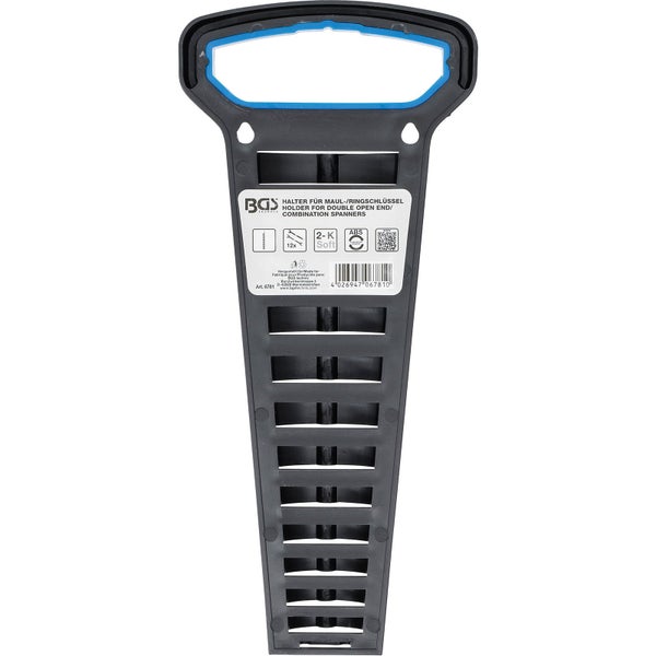 Halter von BGS technic für zwölf Maul- und Ringschlüssel aus Kunststoff mit Softgriff und Aussparungen für die Wandmontage.