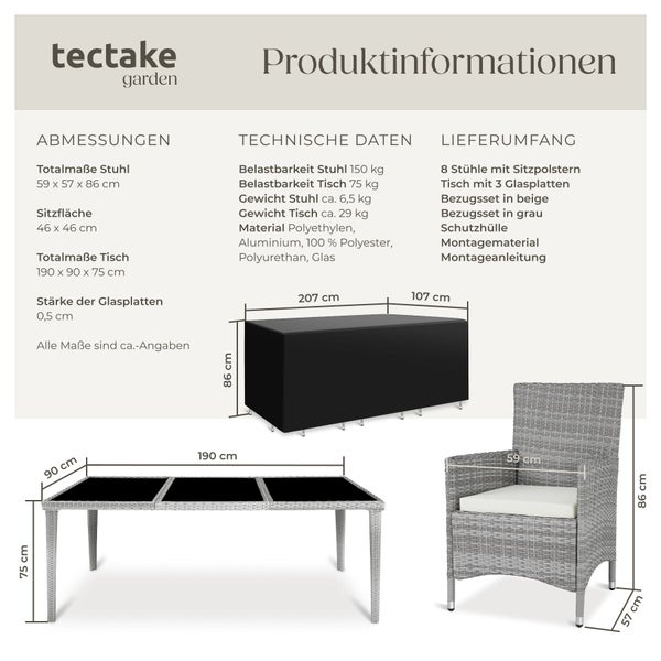 Infografik mit Maßen und technischen Daten für tectake Gartenmöbel-Set bestehend aus Tisch, Stuhl und Schutzhülle.