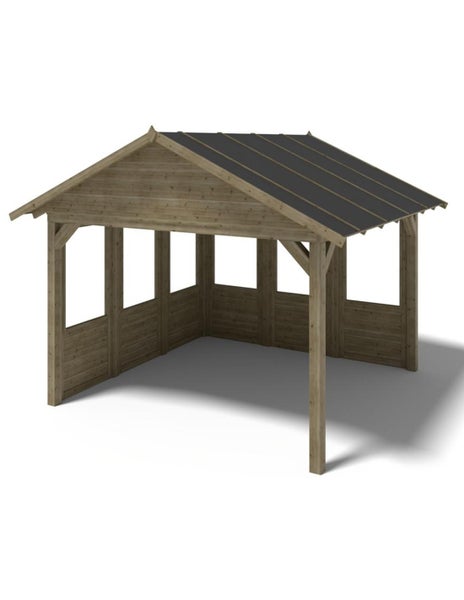 Ein offener Holzpavillon mit Satteldach und halbhohen Seitenwänden für den Garten.