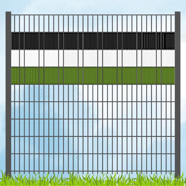 Doppelstabmattenzaun mit Sichtschutzstreifen in Schwarz, Weiß und Grün