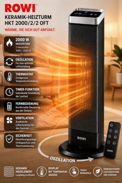 ROWI Keramik Heizturm HKT 2000 2 2 OFT mit 2000 Watt, Oszillation, Thermostat, Fernbedienung, Timer und Touch Bedienfeld.