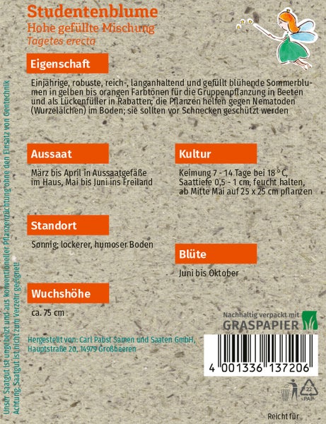 Rückseite der Samentüte für Studentenblume Tagetes erecta mit Anbauhinweisen zu Aussaat, Standort und Wuchshöhe von circa 75 Zentimetern auf Graspapier.