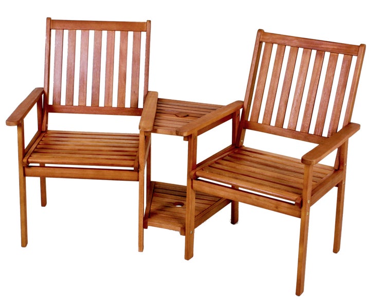 Gartenbank aus Holz mit zwei Sitzplätzen und integriertem Tisch inklusive Sonnenschirmloch.