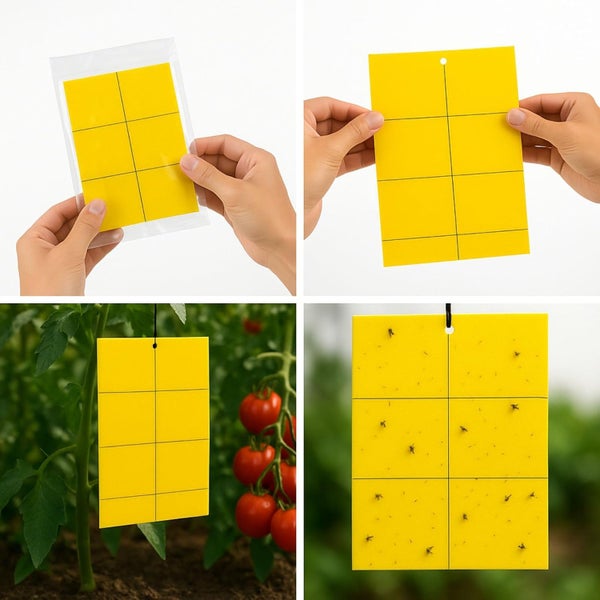 Gelbtafel Insektenfalle für Pflanzen im Garten oder Gewächshaus, Anwendung an einer Tomatenpflanze zur Bekämpfung von fliegenden Schädlingen.