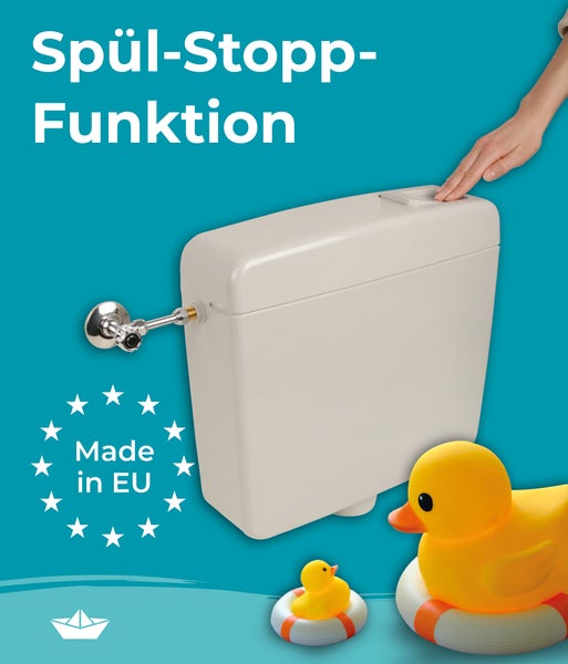 Spülkasten mit Spülstoppfunktion und Anschlussarmatur, hergestellt in der Europäischen Union.