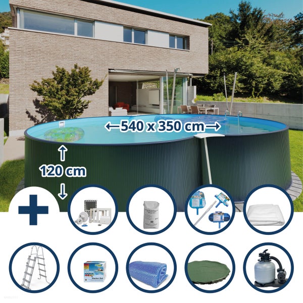 Ovales Stahlwandbecken mit Zubehör, Größe 540 x 350 x 120 cm