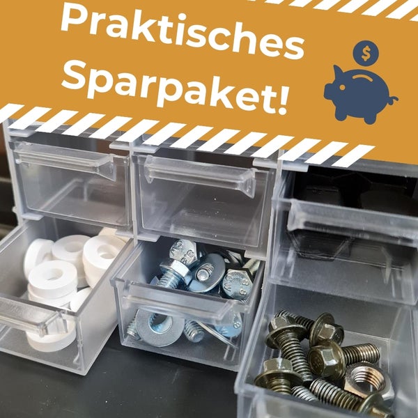 Sortimentskasten gefüllt mit Schrauben und Muttern als Sparpaket